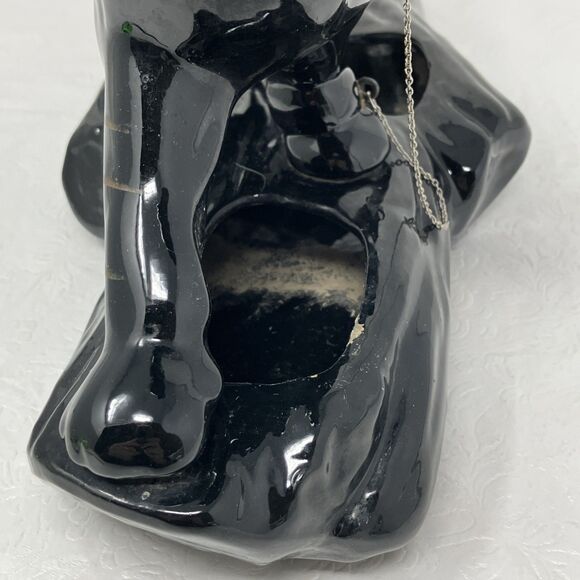 50s Mid Century Ceramic Black Panther Planter with Green Rhinestone Eyes & Chain - Picture 6 of 16